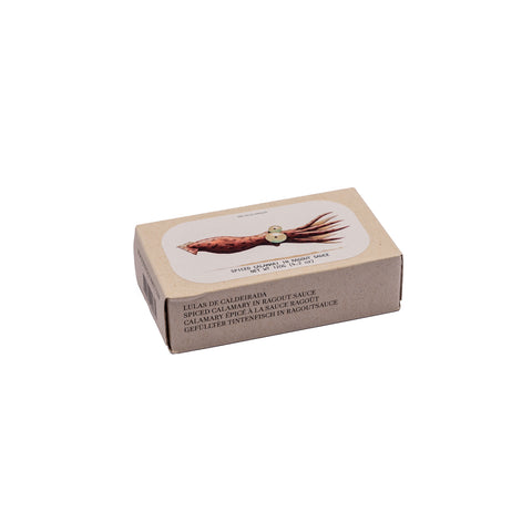 conserve de calamar en sauce ragout dans un emballage en carton, vue latérale